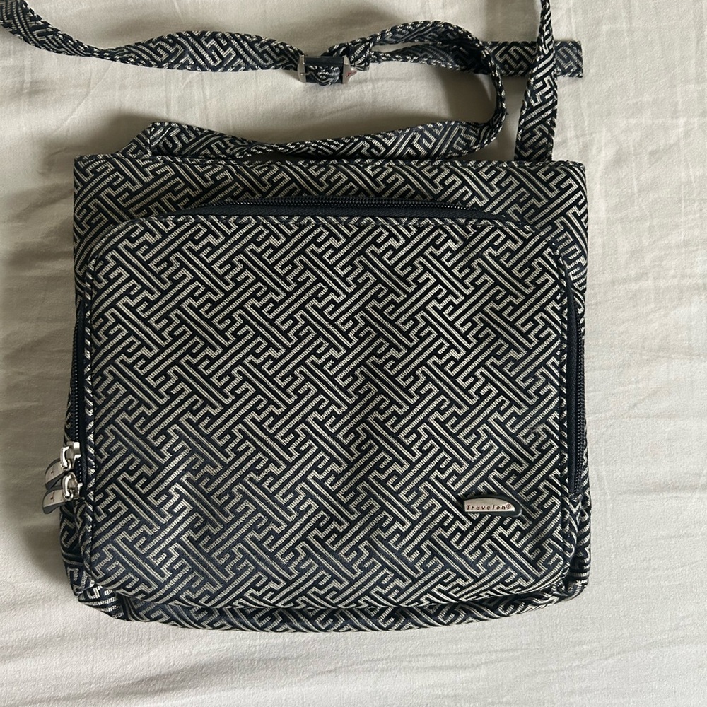 Travelon Black and Cream Geometric Pattern Crossbody Bag